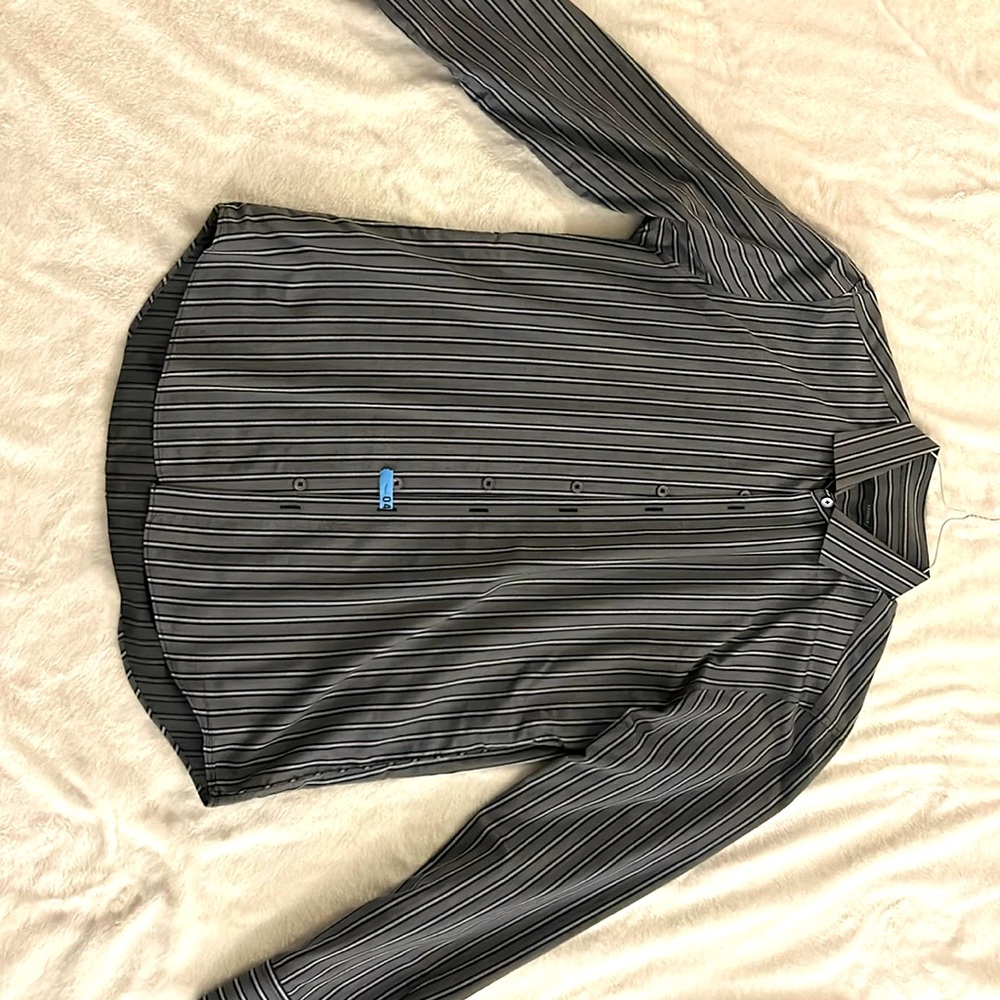Button-down shirt. Zachary-Prell brand. Gray shirt with white/blue stripes